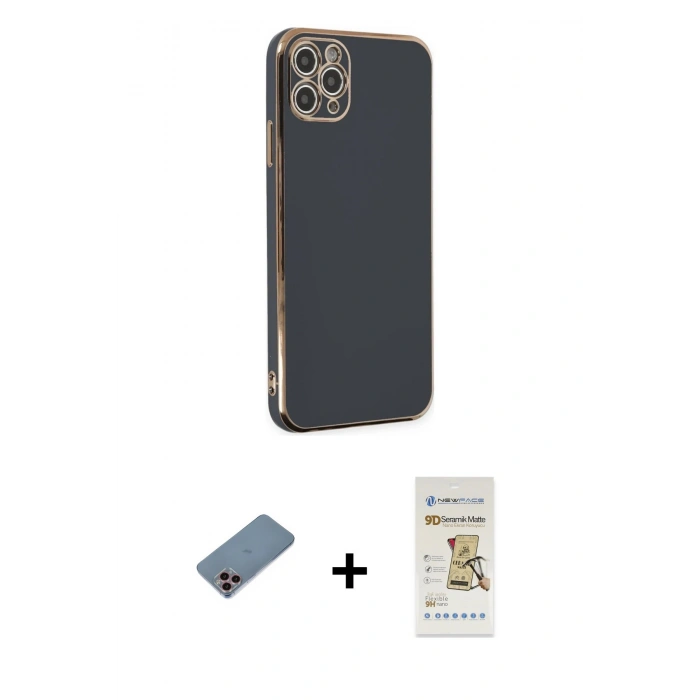MARSİLYAN™- iPhone 11 Pro Max Kılıf Yankı Serisi - Siyah Mat Seramik Nano Ekran Koruyucu + Shine Kamera Lens Koruma Cam - PE