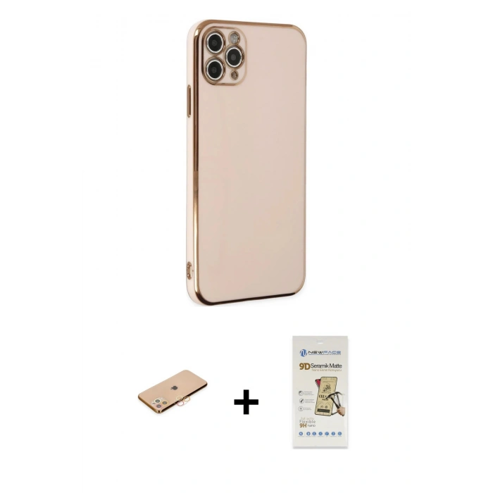 MARSİLYAN™- iPhone 11 Pro Max Kılıf Yankı Serisi - Siyah Mat Seramik Nano Ekran Koruyucu + Turuncu Renkli Kamera Lens Koruma Cam