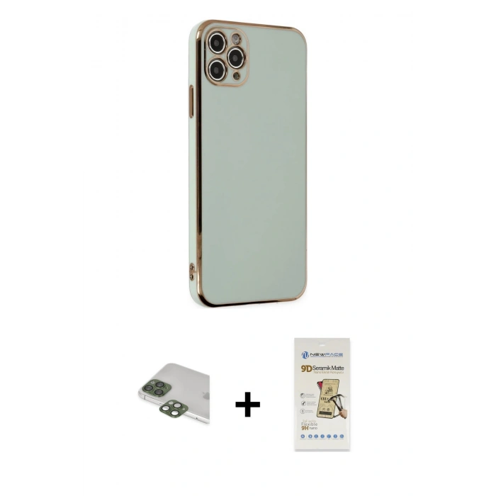 MARSİLYAN™- iPhone 11 Pro Max Kılıf Yankı Serisi - Siyah Mat Seramik Nano Ekran Koruyucu + Yeşil Pers Alüminyum Kamera Lens