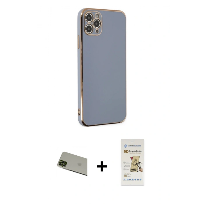 MARSİLYAN™- iPhone 11 Pro Max Kılıf Yankı Serisi - Siyah Mat Seramik Nano Ekran Koruyucu + Yeşil Rainbow Kamera Lens Koruma Cam
