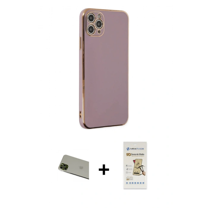 MARSİLYAN™- iPhone 11 Pro Max Kılıf Yankı Serisi - Siyah Mat Seramik Nano Ekran Koruyucu + Yeşil Rainbow Kamera Lens Koruma Cam