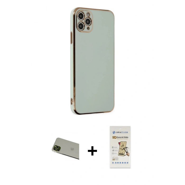 MARSİLYAN™- iPhone 11 Pro Max Kılıf Yankı Serisi - Siyah Mat Seramik Nano Ekran Koruyucu + Yeşil Rainbow Kamera Lens Koruma Cam
