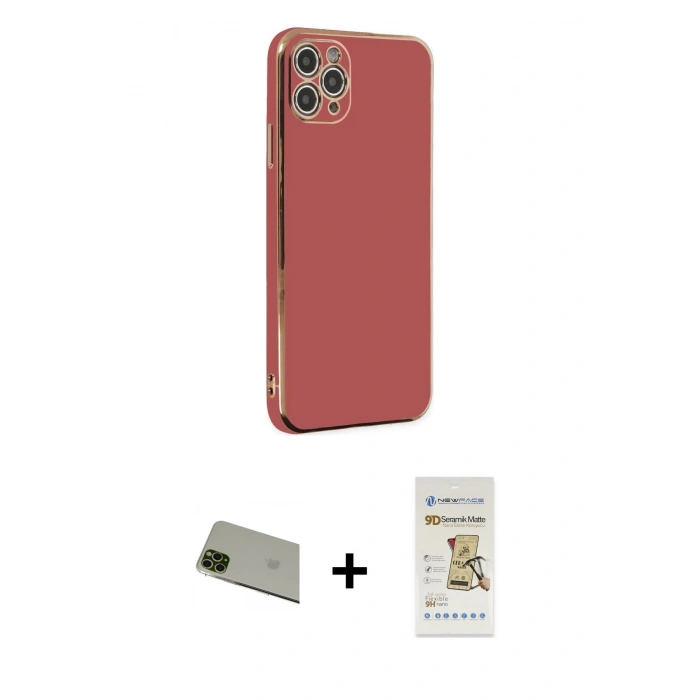 MARSİLYAN™- iPhone 11 Pro Max Kılıf Yankı Serisi - Siyah Mat Seramik Nano Ekran Koruyucu + Yeşil Rainbow Kamera Lens Koruma Cam
