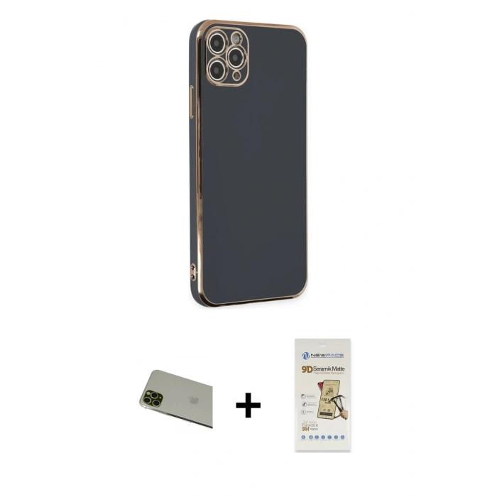 MARSİLYAN™- iPhone 11 Pro Max Kılıf Yankı Serisi - Siyah Mat Seramik Nano Ekran Koruyucu + Yeşil Rainbow Kamera Lens Koruma Cam