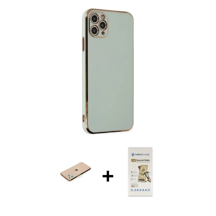 MARSİLYAN™- iPhone 11 Pro Max Kılıf Yankı Serisi - Siyah Mat Seramik Nano Ekran Koruyucu + Renkli Kamera Lens Koruma Cam - YL