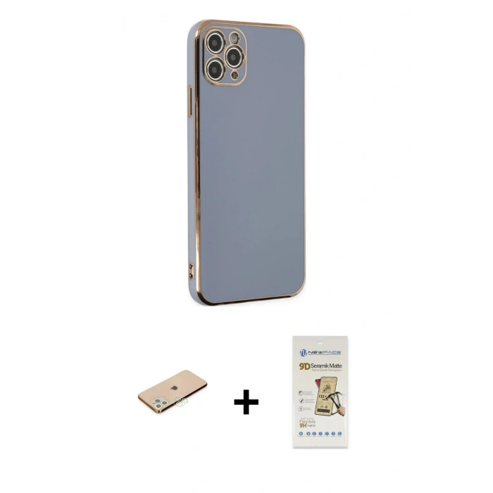 MARSİLYAN™- iPhone 11 Pro Max Kılıf Yankı Serisi - Siyah Mat Seramik Nano Ekran Koruyucu + Renkli Kamera Lens Koruma Cam - YL