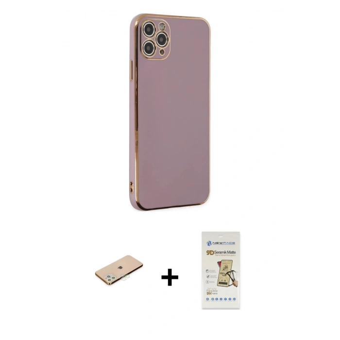 MARSİLYAN™- iPhone 11 Pro Max Kılıf Yankı Serisi - Siyah Mat Seramik Nano Ekran Koruyucu + Renkli Kamera Lens Koruma Cam - YL