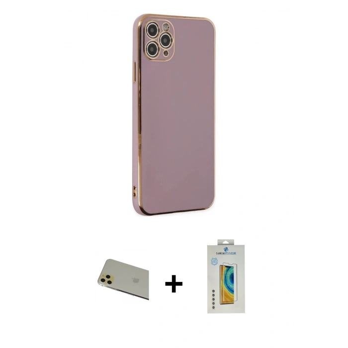 MARSİLYAN™- iPhone 11 Pro Max Kılıf Yankı Serisi - Siyah Polymer Nano Ekran Koruyucu + Gold Rainbow Kamera Lens Koruma Cam
