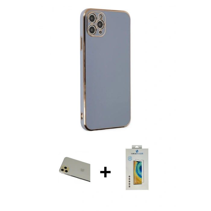 MARSİLYAN™- iPhone 11 Pro Max Kılıf Yankı Serisi - Siyah Polymer Nano Ekran Koruyucu + Gold Rainbow Kamera Lens Koruma Cam