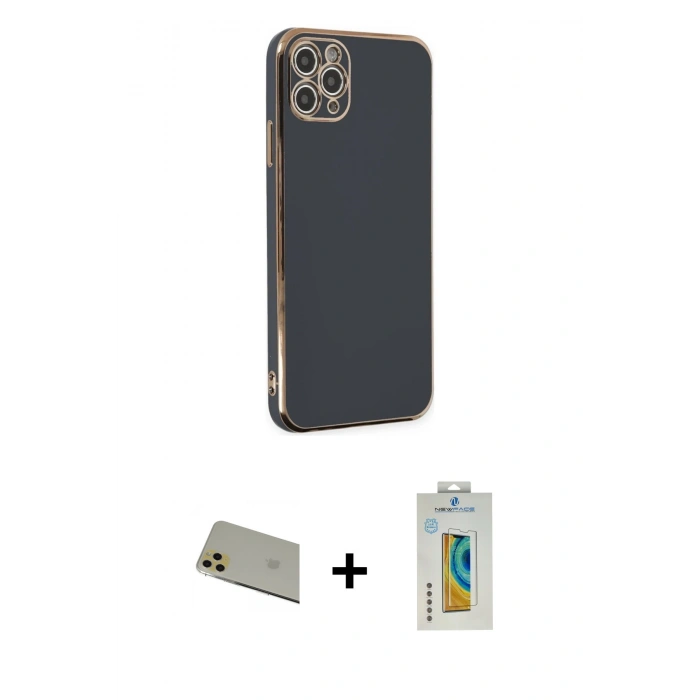 MARSİLYAN™- iPhone 11 Pro Max Kılıf Yankı Serisi - Siyah Polymer Nano Ekran Koruyucu + Gold Rainbow Kamera Lens Koruma Cam