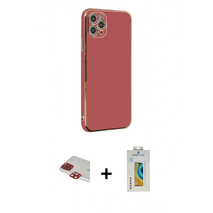 MARSİLYAN™- iPhone 11 Pro Max Kılıf Yankı Serisi - Siyah Polymer Nano Ekran Koruyucu + Kırmızı Pers Alüminyum Kamera Lens