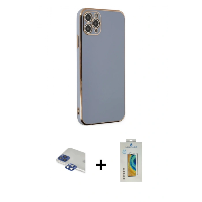 MARSİLYAN™- iPhone 11 Pro Max Kılıf Yankı Serisi - Siyah Polymer Nano Ekran Koruyucu + Lacivert Pers Alüminyum Kamera Lens