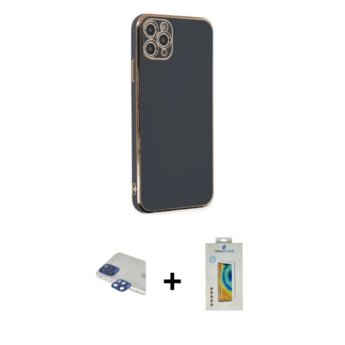MARSİLYAN™- iPhone 11 Pro Max Kılıf Yankı Serisi - Siyah Polymer Nano Ekran Koruyucu + Lacivert Pers Alüminyum Kamera Lens
