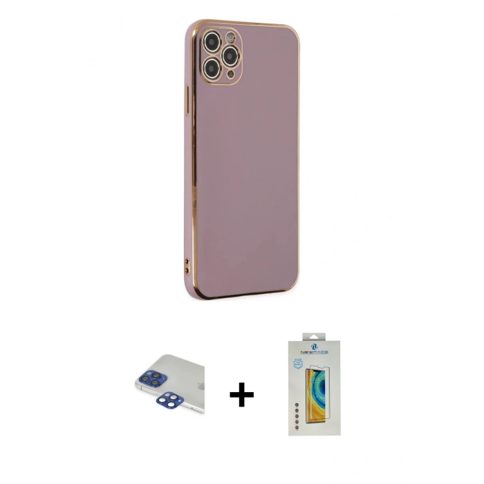 MARSİLYAN™- iPhone 11 Pro Max Kılıf Yankı Serisi - Siyah Polymer Nano Ekran Koruyucu + Lacivert Pers Alüminyum Kamera Lens