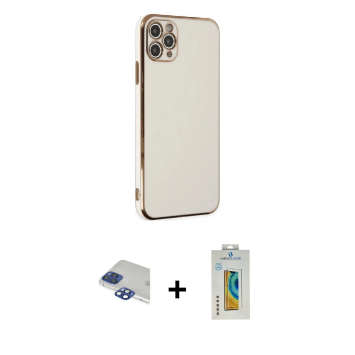 MARSİLYAN™- iPhone 11 Pro Max Kılıf Yankı Serisi - Siyah Polymer Nano Ekran Koruyucu + Lacivert Pers Alüminyum Kamera Lens