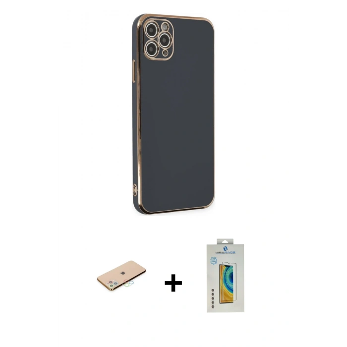 MARSİLYAN™- iPhone 11 Pro Max Kılıf Yankı Serisi - Siyah Polymer Nano Ekran Koruyucu + Renkli Kamera Lens Koruma Cam - MI