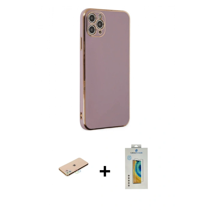 MARSİLYAN™- iPhone 11 Pro Max Kılıf Yankı Serisi - Siyah Polymer Nano Ekran Koruyucu + Renkli Kamera Lens Koruma Cam - MI