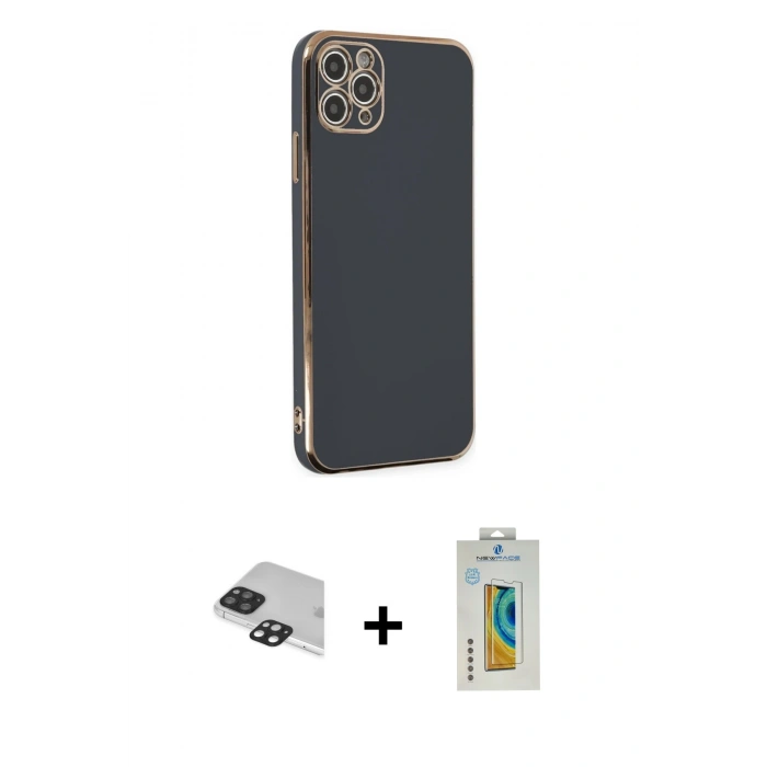 MARSİLYAN™- iPhone 11 Pro Max Kılıf Yankı Serisi - Siyah Polymer Nano Ekran Koruyucu + Pers Alüminyum Kamera Lens - SH