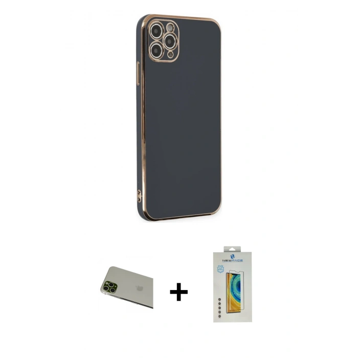 MARSİLYAN™- iPhone 11 Pro Max Kılıf Yankı Serisi - Siyah Polymer Nano Ekran Koruyucu + Rainbow Kamera Lens Koruma Cam - YL