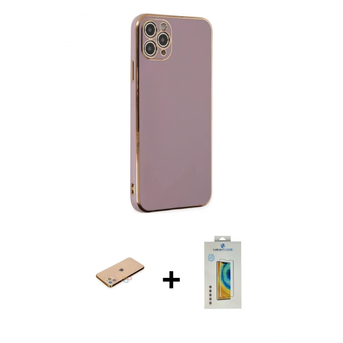 MARSİLYAN™- iPhone 11 Pro Max Kılıf Yankı Serisi - Siyah Polymer Nano Ekran Koruyucu + Renkli Kamera Lens Koruma Cam - PE