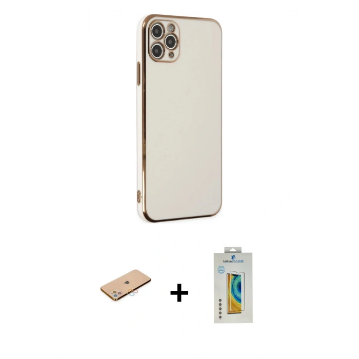 MARSİLYAN™- iPhone 11 Pro Max Kılıf Yankı Serisi - Siyah Polymer Nano Ekran Koruyucu + Renkli Kamera Lens Koruma Cam - PE