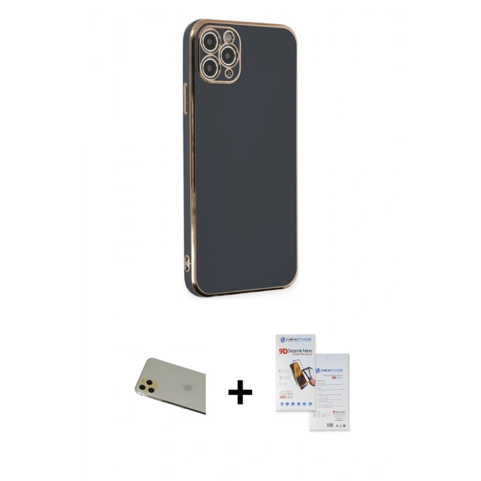 MARSİLYAN™- iPhone 11 Pro Max Kılıf Yankı Serisi - Siyah Seramik Nano Ekran Koruyucu + Rainbow Kamera Lens Koruma Cam - GD