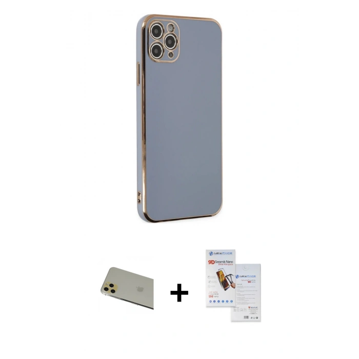 MARSİLYAN™- iPhone 11 Pro Max Kılıf Yankı Serisi - Siyah Seramik Nano Ekran Koruyucu + Rainbow Kamera Lens Koruma Cam - GD