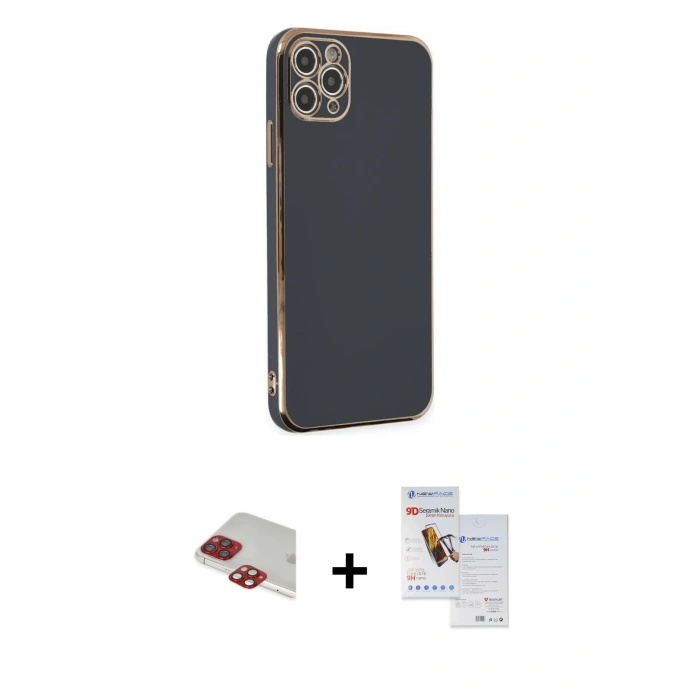 MARSİLYAN™- iPhone 11 Pro Max Kılıf Yankı Serisi - Siyah Seramik Nano Ekran Koruyucu + Pers Alüminyum Kamera Lens - KI