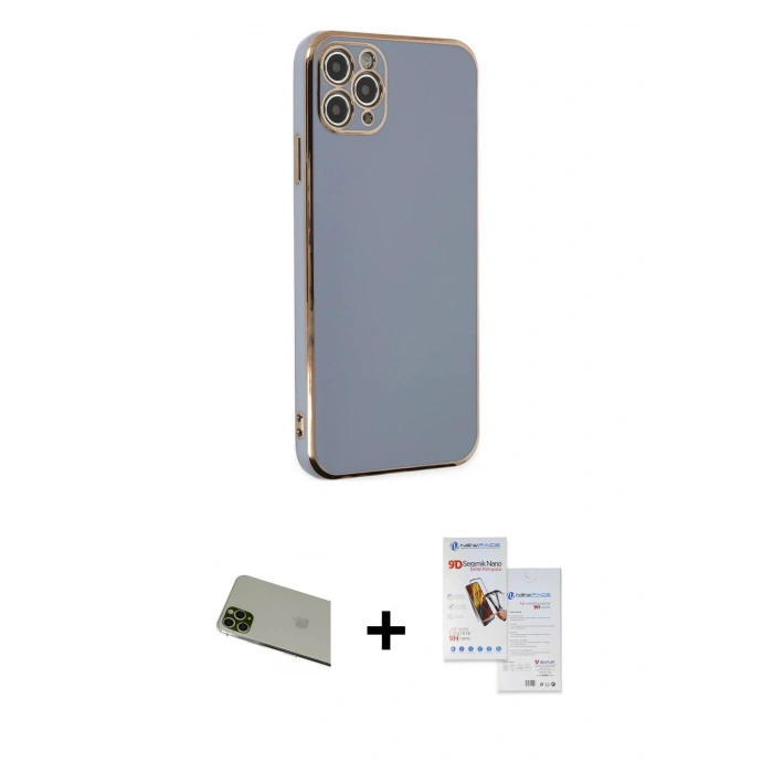 MARSİLYAN™- iPhone 11 Pro Max Kılıf Yankı Serisi - Siyah Seramik Nano Ekran Koruyucu + Rainbow Kamera Lens Koruma Cam - YL