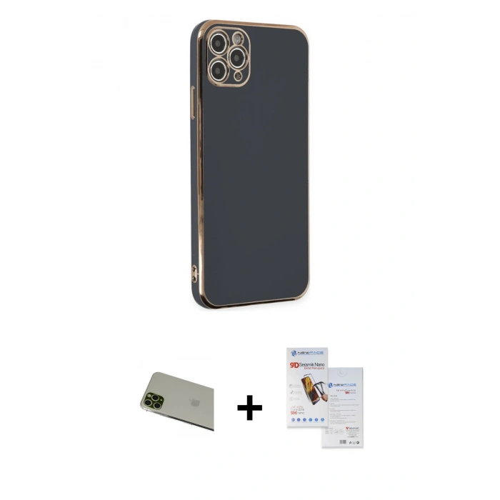 MARSİLYAN™- iPhone 11 Pro Max Kılıf Yankı Serisi - Siyah Seramik Nano Ekran Koruyucu + Rainbow Kamera Lens Koruma Cam - YL