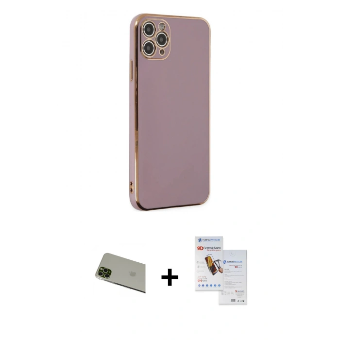 MARSİLYAN™- iPhone 11 Pro Max Kılıf Yankı Serisi - Siyah Seramik Nano Ekran Koruyucu + Rainbow Kamera Lens Koruma Cam - YL