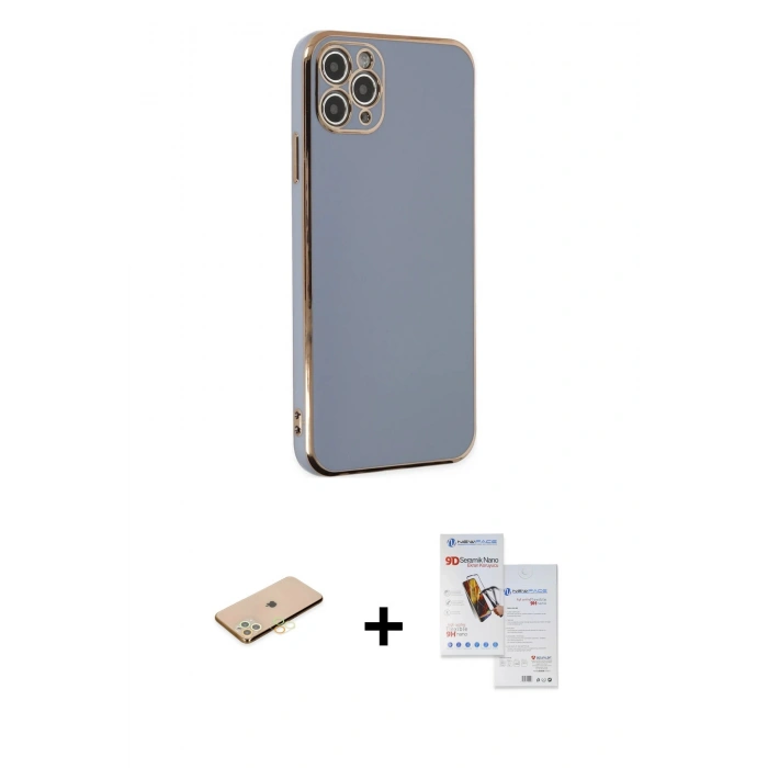MARSİLYAN™- iPhone 11 Pro Max Kılıf Yankı Serisi - Siyah Seramik Nano Ekran Koruyucu + Renkli Kamera Lens Koruma Cam - SI