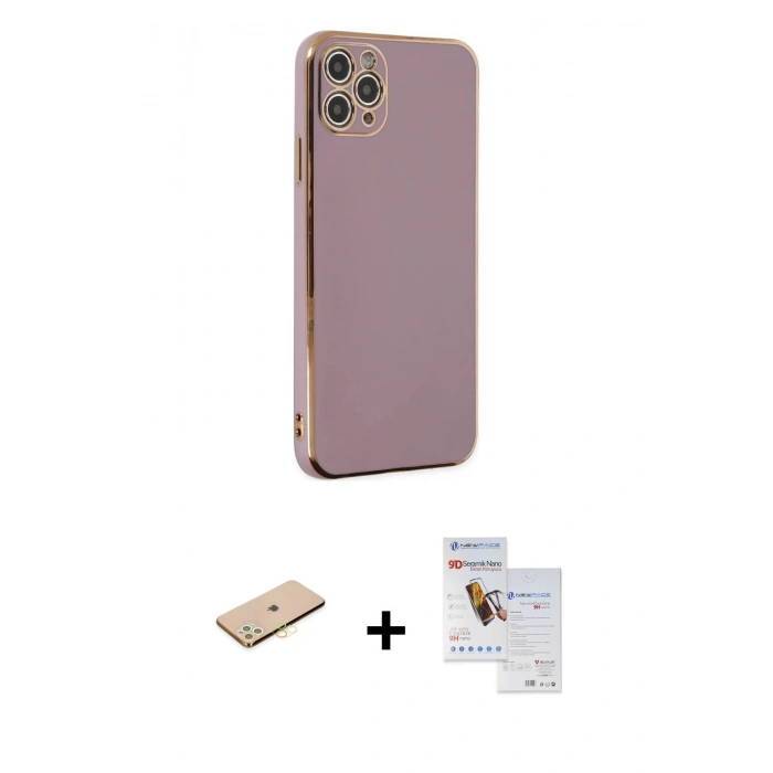 MARSİLYAN™- iPhone 11 Pro Max Kılıf Yankı Serisi - Siyah Seramik Nano Ekran Koruyucu + Renkli Kamera Lens Koruma Cam - SI