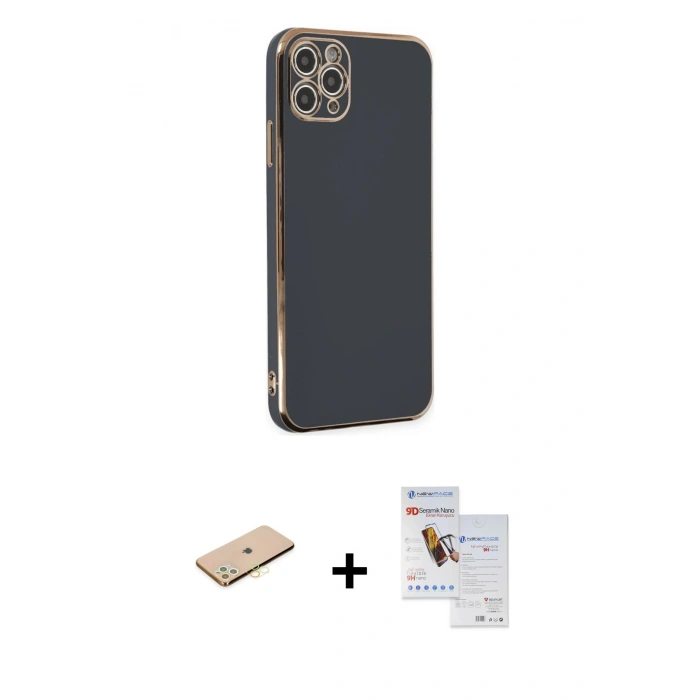 MARSİLYAN™- iPhone 11 Pro Max Kılıf Yankı Serisi - Siyah Seramik Nano Ekran Koruyucu + Renkli Kamera Lens Koruma Cam - SI