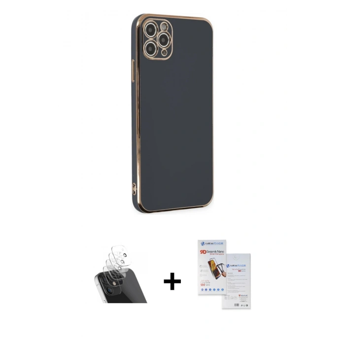 MARSİLYAN™- iPhone 11 Pro Max Kılıf Yankı Serisi - Siyah Seramik Nano Ekran Koruyucu + Kamera Lens Koruma Cam - SF