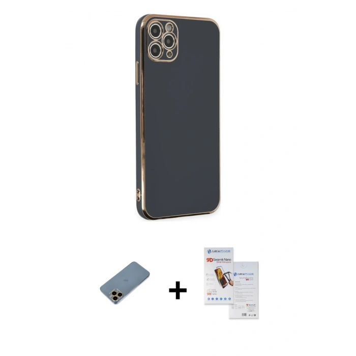 MARSİLYAN™- iPhone 11 Pro Max Kılıf Yankı Serisi - Siyah Seramik Nano Ekran Koruyucu + Shine Kamera Lens Koruma Cam - GD