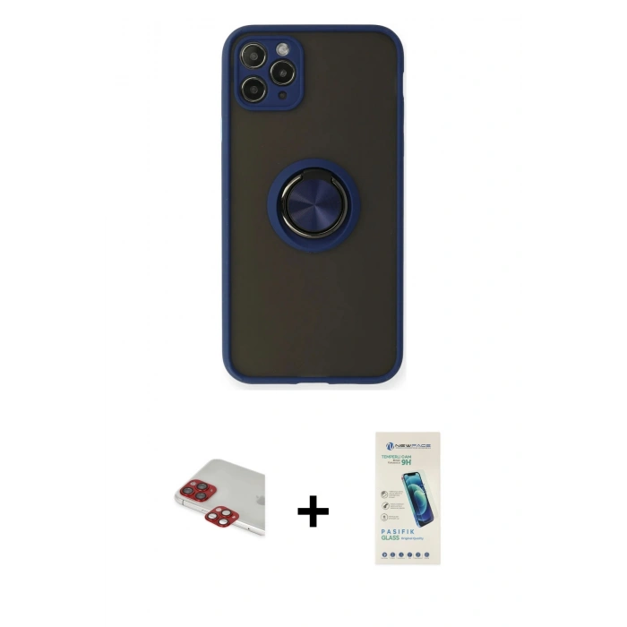 MARSİLYAN™- iPhone 11 Pro Max Kılıf Yörünge Çizgi - Şeffaf Pasifik Cam Ekran Koruyucu + Pers Alüminyum Kamera Lens - KI