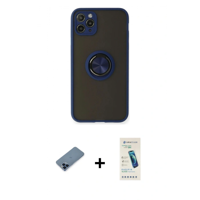 MARSİLYAN™- iPhone 11 Pro Max Kılıf Yörünge Çizgi - Şeffaf Pasifik Cam Ekran Koruyucu + Metal Kamera Lens Koruma Cam - MI
