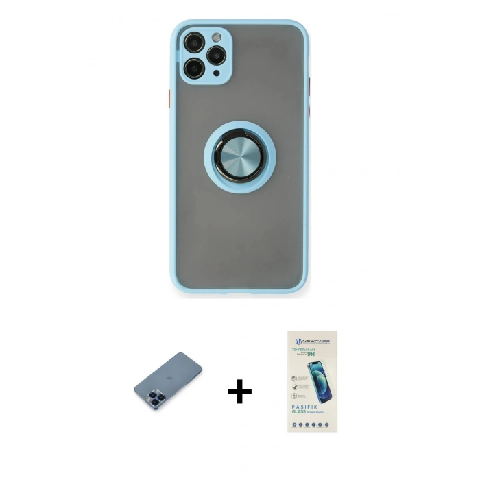 MARSİLYAN™- iPhone 11 Pro Max Kılıf Yörünge Çizgi - Şeffaf Pasifik Cam Ekran Koruyucu + Metal Kamera Lens Koruma Cam - MI