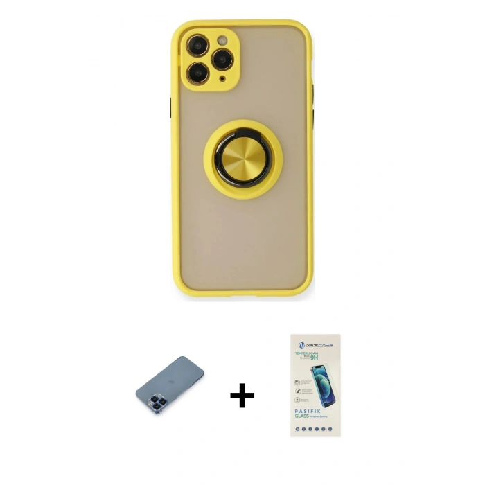 MARSİLYAN™- iPhone 11 Pro Max Kılıf Yörünge Çizgi - Şeffaf Pasifik Cam Ekran Koruyucu + Metal Kamera Lens Koruma Cam - MI
