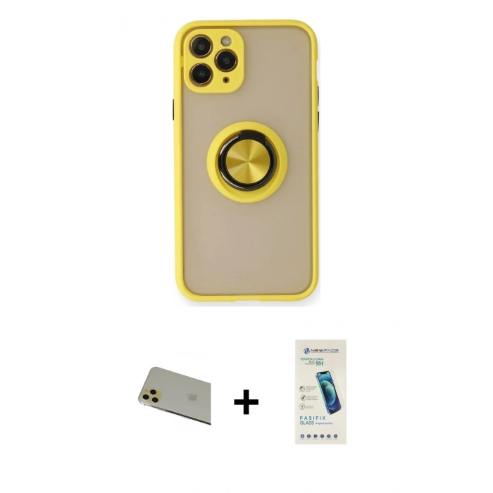 MARSİLYAN™- iPhone 11 Pro Max Kılıf Yörünge Çizgi - Şeffaf Pasifik Cam Ekran Koruyucu + Rainbow Kamera Lens Koruma Cam - GD