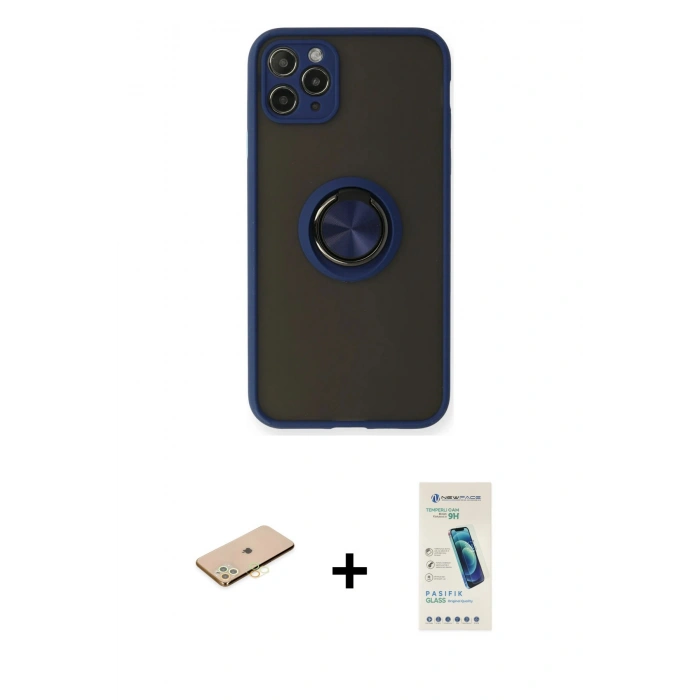 MARSİLYAN™- iPhone 11 Pro Max Kılıf Yörünge Çizgi - Şeffaf Pasifik Cam Ekran Koruyucu + Renkli Kamera Lens Koruma Cam - SI