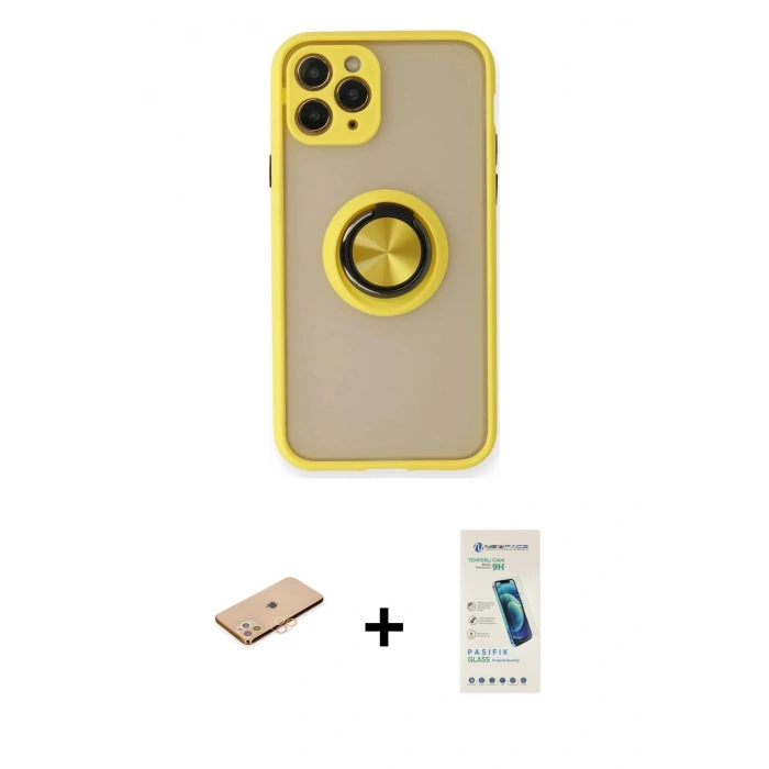 MARSİLYAN™- iPhone 11 Pro Max Kılıf Yörünge Çizgi - Şeffaf Pasifik Cam Ekran Koruyucu + Renkli Kamera Lens Koruma Cam - TU