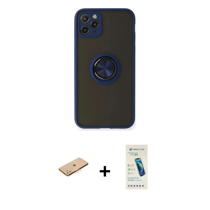 MARSİLYAN™- iPhone 11 Pro Max Kılıf Yörünge Çizgi - Şeffaf Pasifik Cam Ekran Koruyucu + Renkli Kamera Lens Koruma Cam - TU