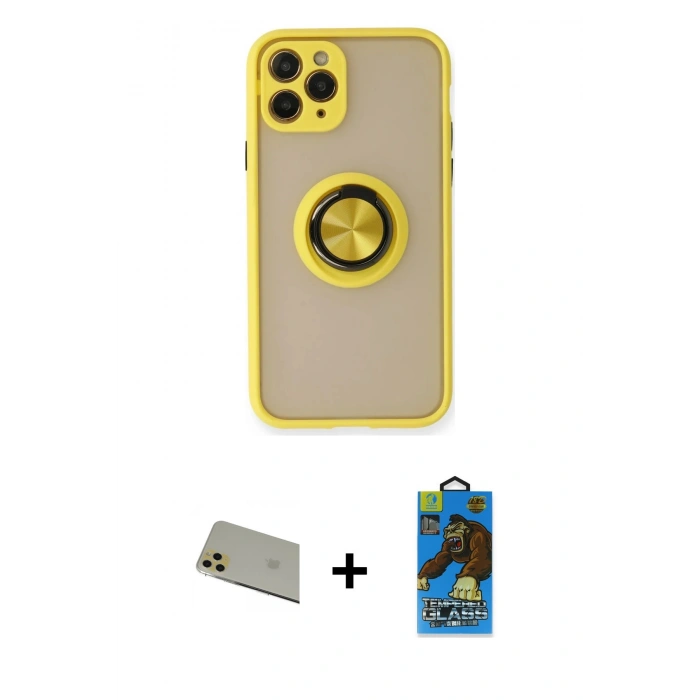 MARSİLYAN™- iPhone 11 Pro Max Kılıf Yörünge Çizgi - Siyah 18D Cam Ekran Koruyucu + Rainbow Kamera Lens Koruma Cam - GD
