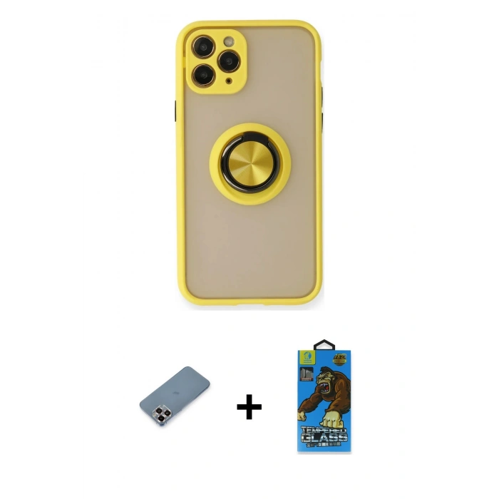 MARSİLYAN™- iPhone 11 Pro Max Kılıf Yörünge Çizgi - Siyah 18D Cam Ekran Koruyucu + Metal Kamera Lens Koruma Cam - MR