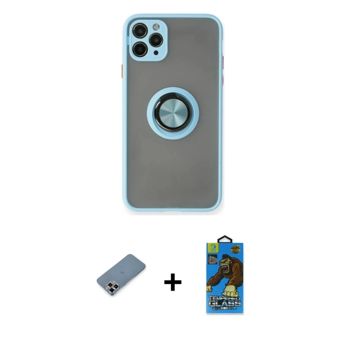MARSİLYAN™- iPhone 11 Pro Max Kılıf Yörünge Çizgi - Siyah 18D Cam Ekran Koruyucu + Metal Kamera Lens Koruma Cam - MR