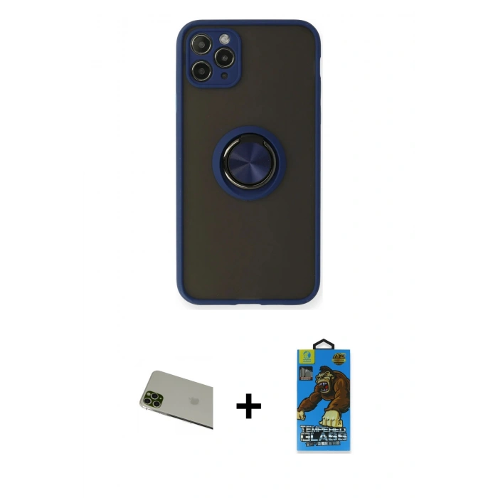 MARSİLYAN™- iPhone 11 Pro Max Kılıf Yörünge Çizgi - Siyah 18D Cam Ekran Koruyucu + Rainbow Kamera Lens Koruma Cam - YL