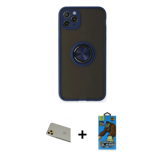 MARSİLYAN™- iPhone 11 Pro Max Kılıf Yörünge Çizgi - Siyah 18D Cam Ekran Koruyucu + Rainbow Kamera Lens Koruma Cam - GD
