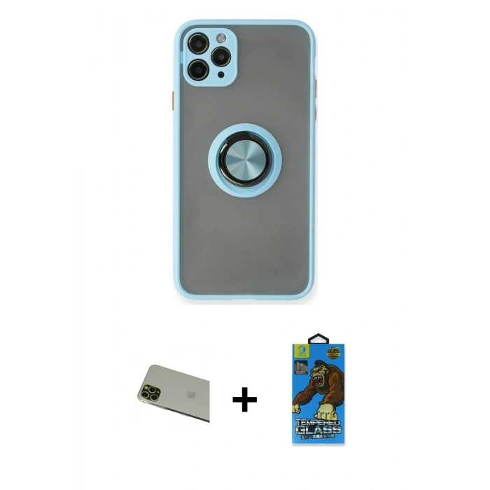 MARSİLYAN™- iPhone 11 Pro Max Kılıf Yörünge Çizgi - Siyah 18D Cam Ekran Koruyucu + Rainbow Kamera Lens Koruma Cam - YL